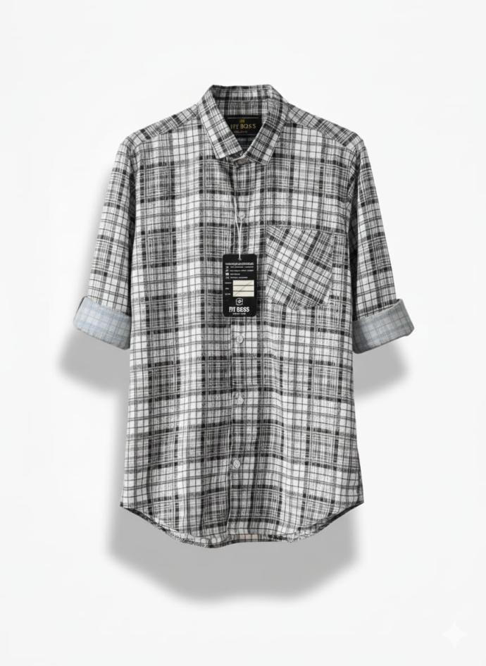 Fit Boss Mens White  Black Plaid Cotton Shirt  Slim Fit Full Sleeve Casual  Smart Wear SSC