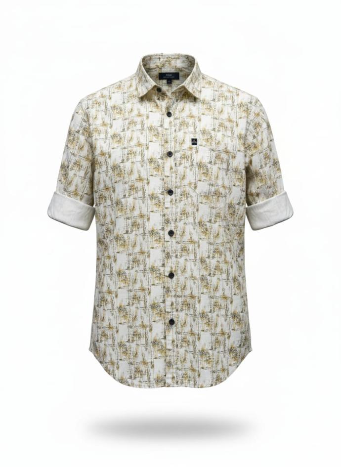 M Exide Beige  White Printed Cotton Shirt for Men  Slim Fit, Casual  Smart Wear SSC