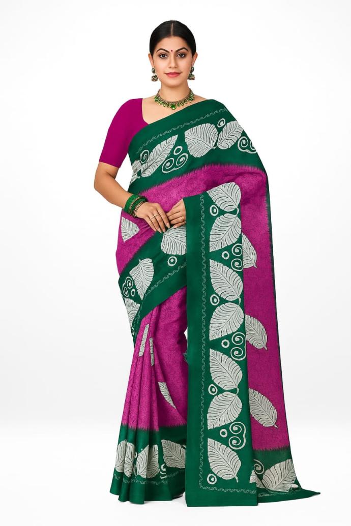 Women Daily Wear Malai Cotton Purple Colour Saree with Green Border B
