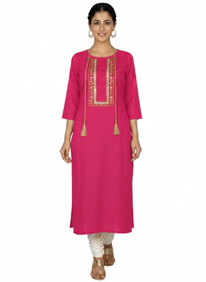 Women Solid Embroidered Straight PinkKurti