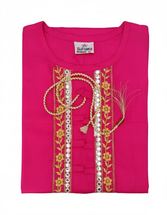 Women Solid Embroidered Straight PinkKurti