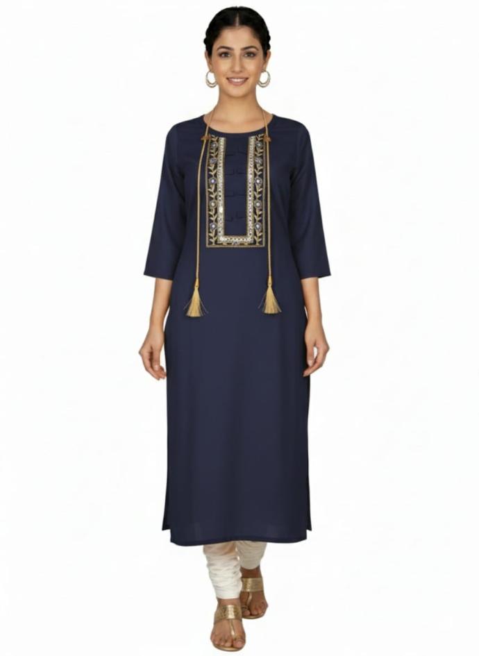 Women Embroidered Straight blue Kurti