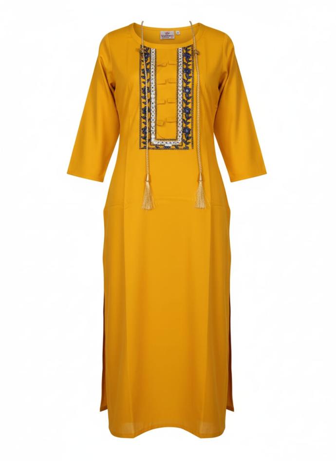 Women Embroidered Straight yellow Kurti