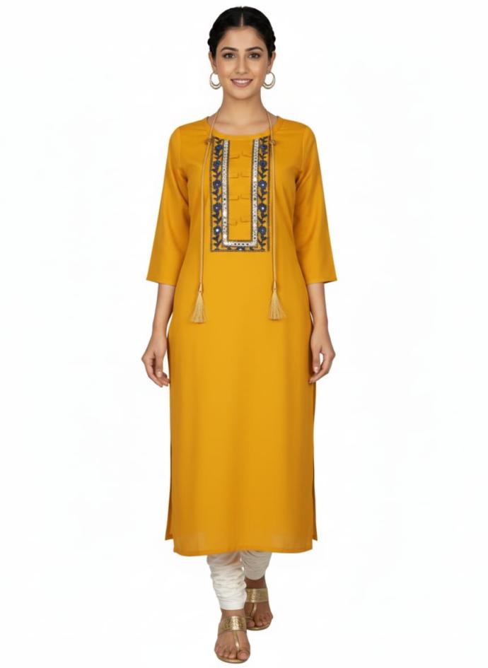 Women Embroidered Straight yellow Kurti