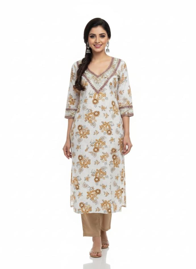 Women Daily Wear Floral Printed Cream Kurti with VNeck Embroidery
