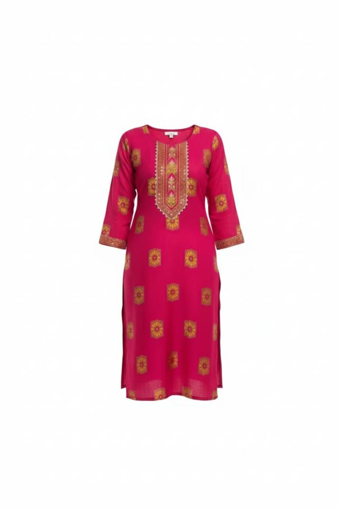 Women Casual Wear pink Kurti with Golden Print and Embroidery