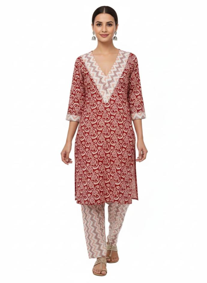 Women Daily Wear Stylish and Trendy Red  White Floral Print Two Piece Kurti Set