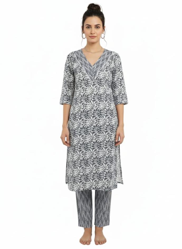 Women Daily Wear Stylish and Trendy White  and silver  leaf Print Two Piece Kurti Set
