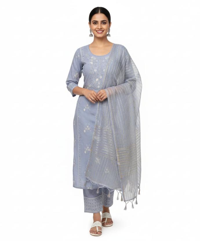 Womens Light Blue Daily Wear Cotton three piece Kurti with Pant  Dupatta