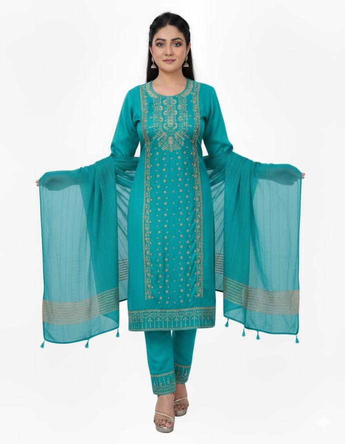 Women Teal green ThreePiece Kurti Set  Trendy Embroidered Design with Matching Dupatta