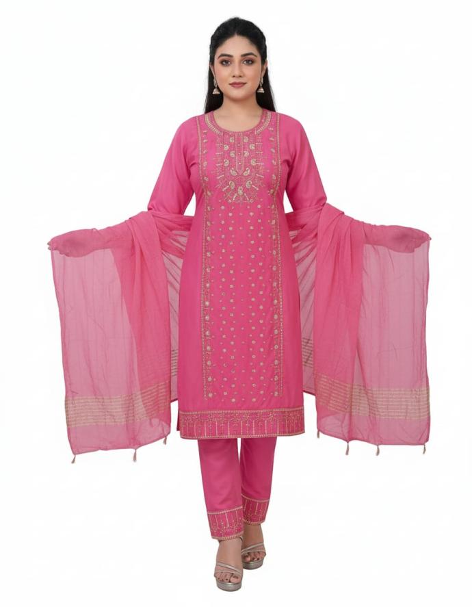 Women pink ThreePiece Kurti Set  Trendy Embroidered Design with Matching Dupatta