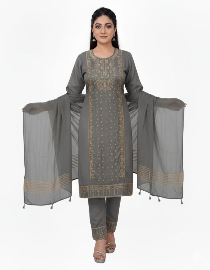 Women black ThreePiece Kurti Set  Trendy Embroidered Design with Matching Dupatta