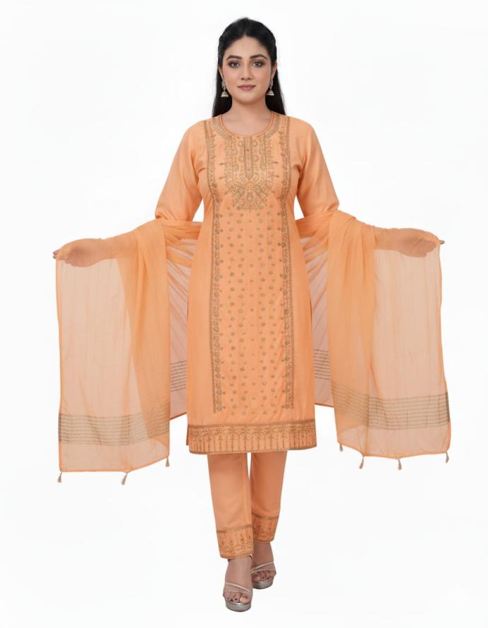 Women orange ThreePiece Kurti Set  Trendy Embroidered Design with Matching Dupatta