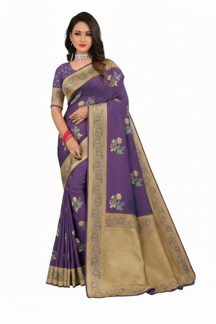 Women Purple Silk Banarasi Saree with Golden Zari Border  Floral Design