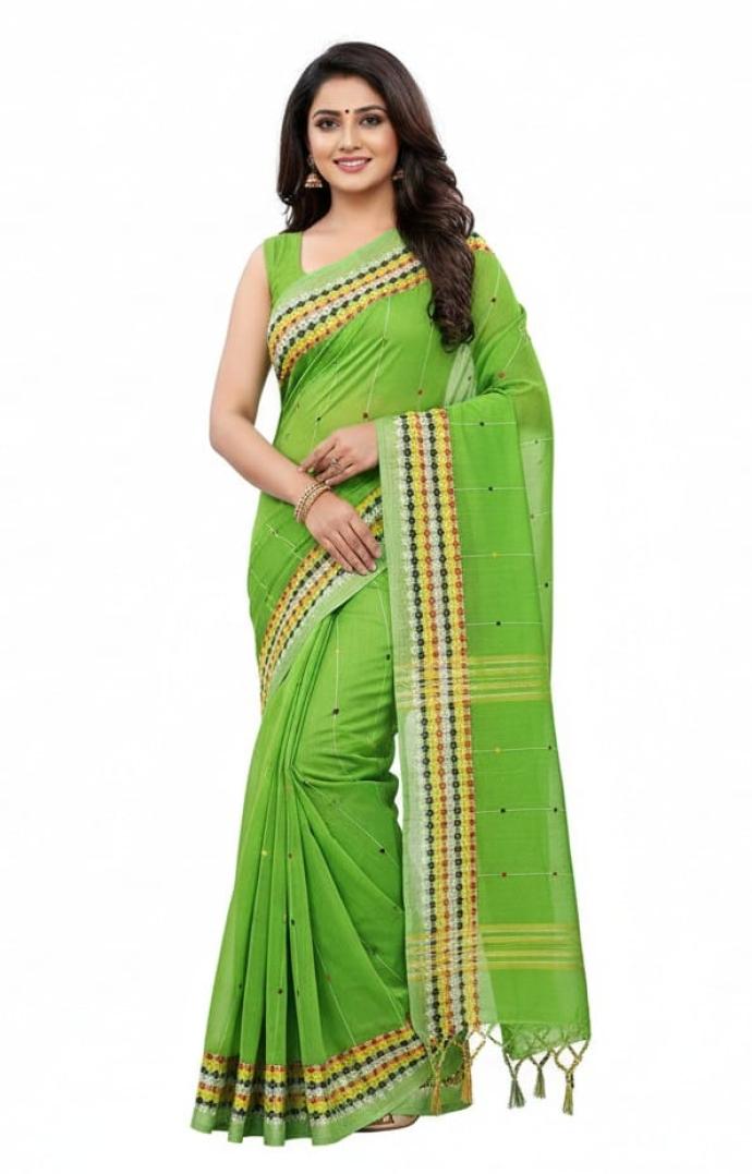 Traditional green Handloom Jamdani Taant Saree for Festival 