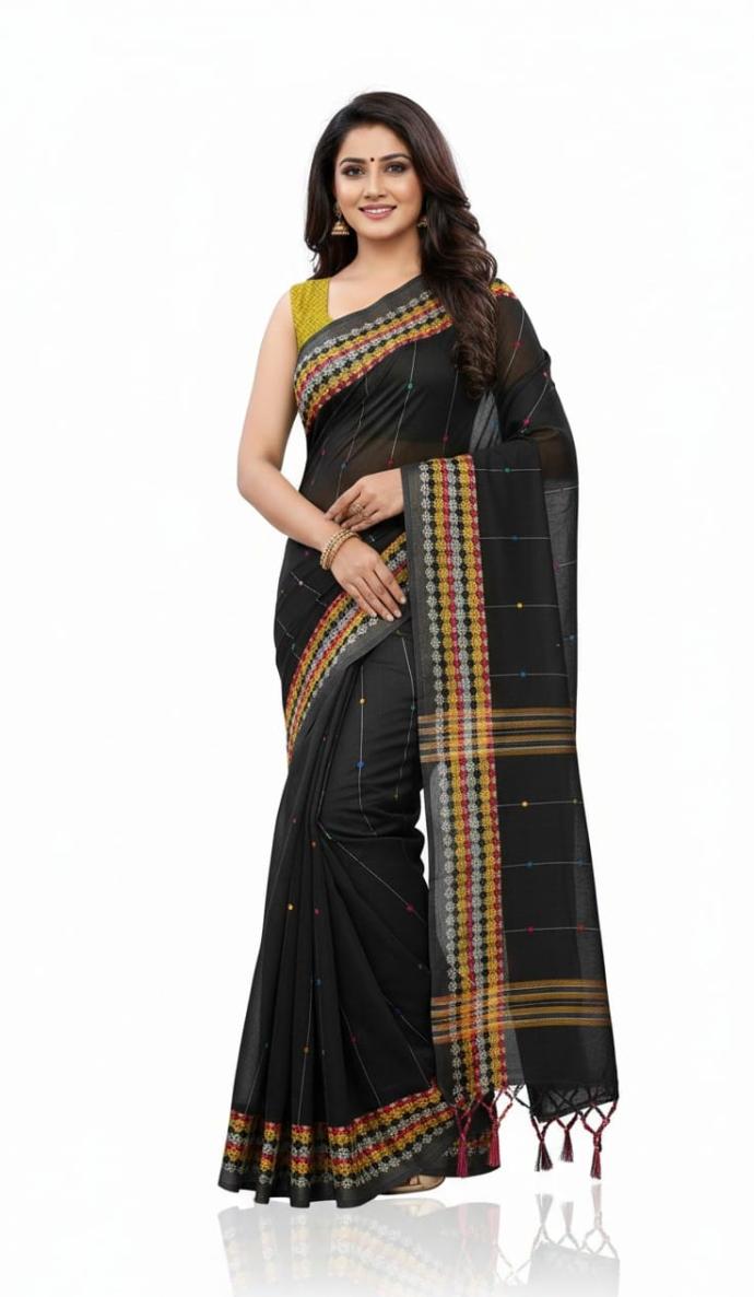 Traditional black Handloom Jamdani Taant Saree for Festival  Occasion Wear