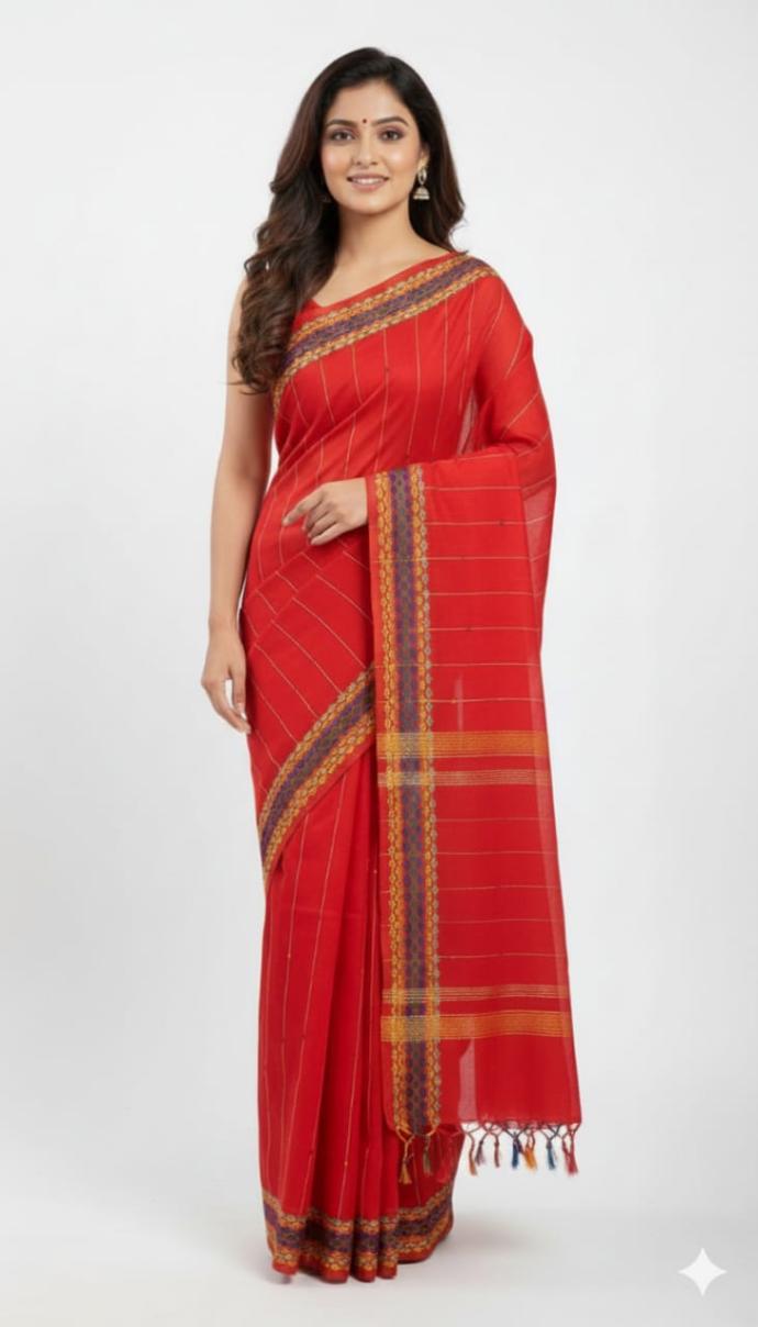 Traditional red Handloom Jamdani Saree  Perfect for Puja  Special Occasions