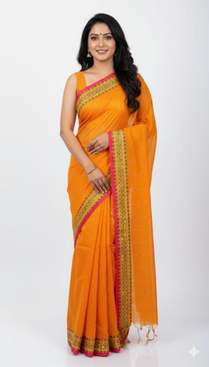 Traditional Yellow Handloom Jamdani Taant Saree for Festival  Occasi