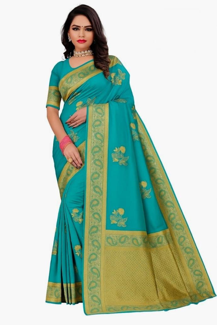 Women light sky blue Silk Banarasi Saree with Golden Zari Border  Floral Design
