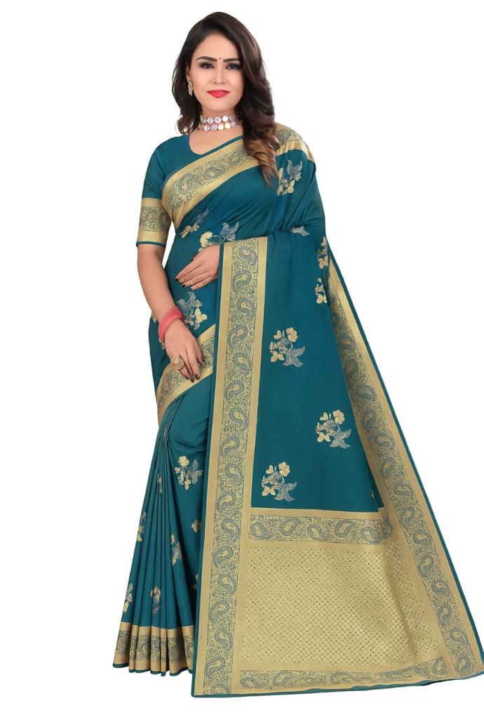 Women Green Silk Blend Saree with Golden Border  Floral Embroidery