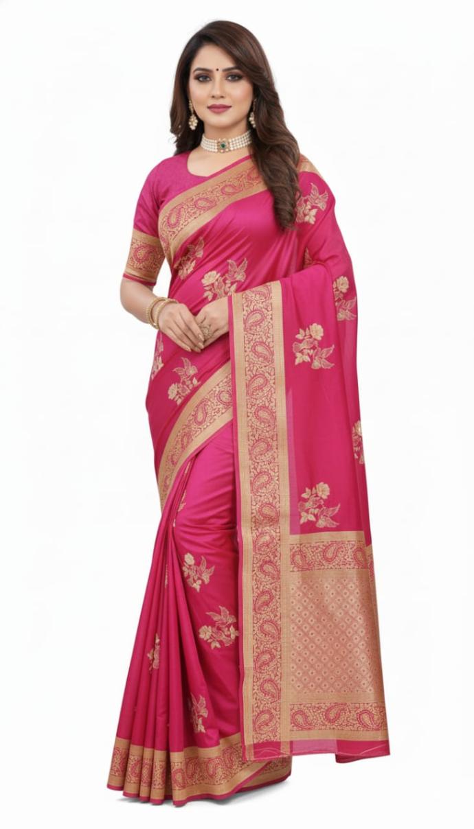 Women Pink Silk Blend Saree with Golden Border  Floral Embroidery