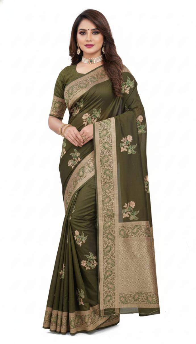 Women Olive Green Silk Blend Saree with Golden Border  Floral Embroidery