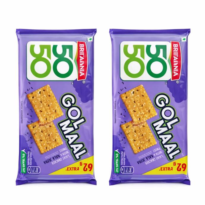 Britania 50 50 golmaal light crackers with kaala jeera biscuits, 214 gm each pack of 2