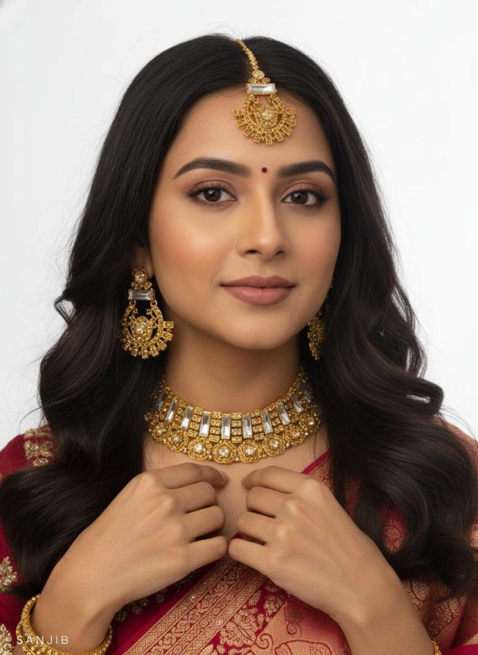 Wonen gold toned imitation necklace set with matching earring and a maang tikka pack of 1