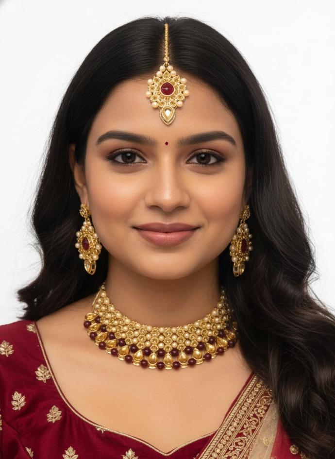 Women gold plated maroon and pearl kundan choker necklace set with matching earring and a maang tikka pack of 1