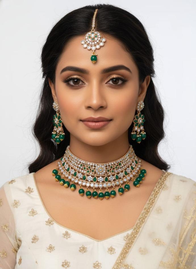 Gold imitation green and white stones necklace set for girls with 1 pair of earrings and 1 manng tikka