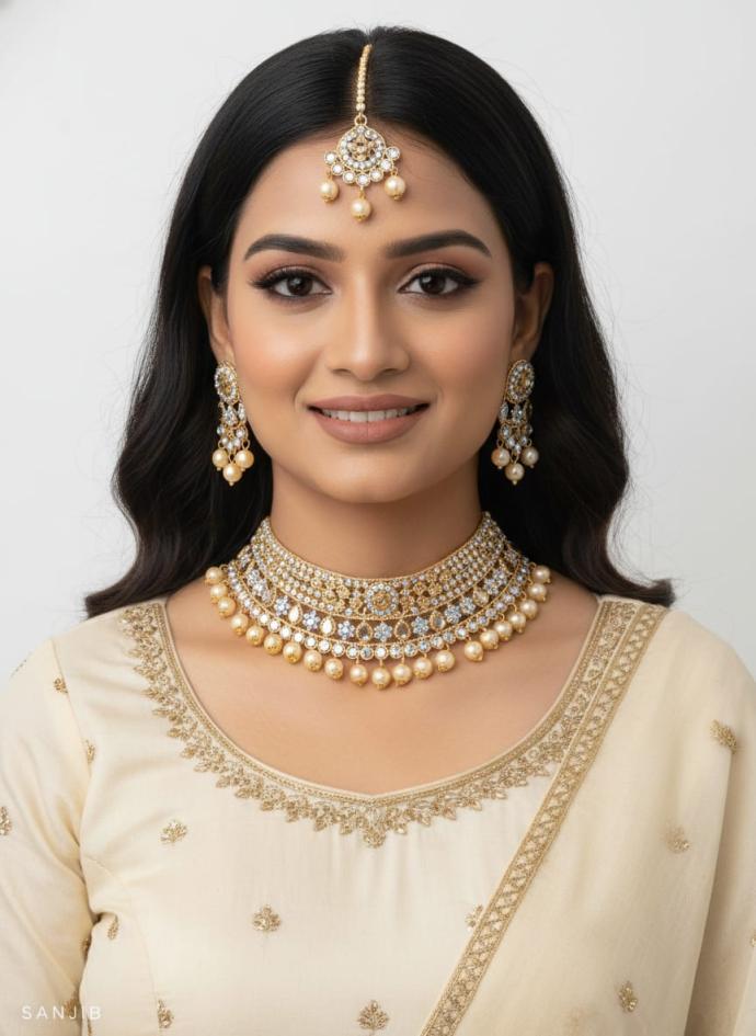 Gold Kundan choker necklace set with pearl drops and matching earring pack of 1