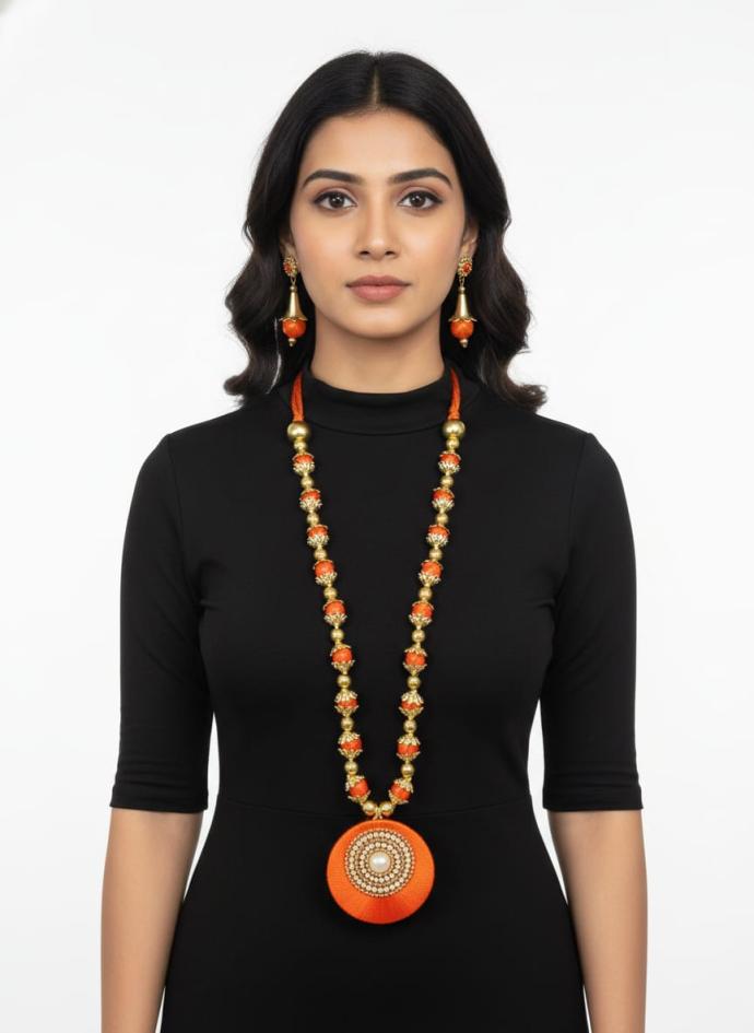 Orange thread necklace with earring combo jewellery set for women pack of 1combo