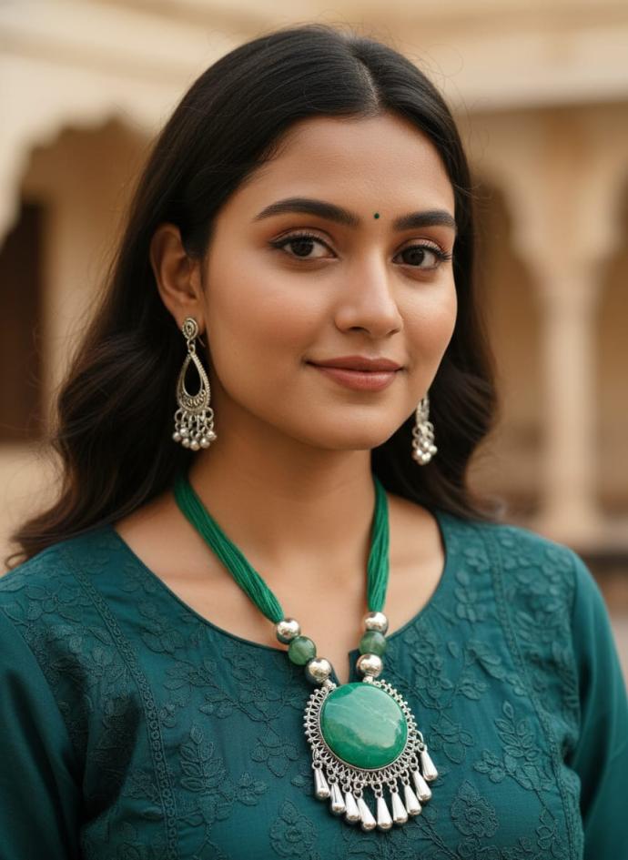 Green thread necklace with earring jewellery set for women pack of 1