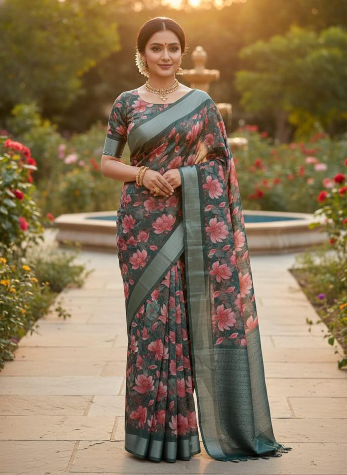 Teal blue floral digital print silky cotton saree pack of 1 B