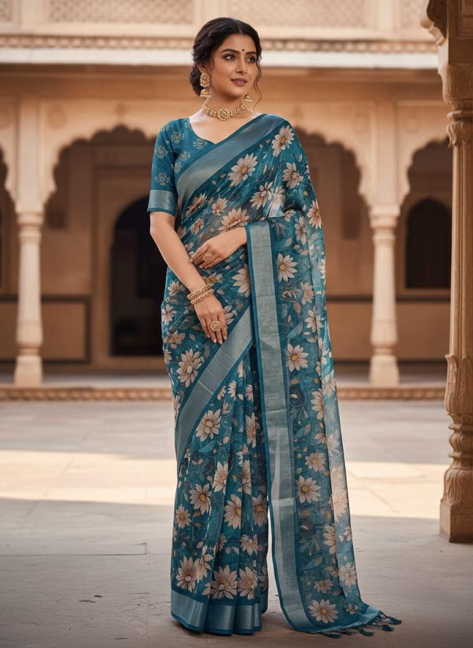 Green floral digital printed silky cotton designer saree pack of 1