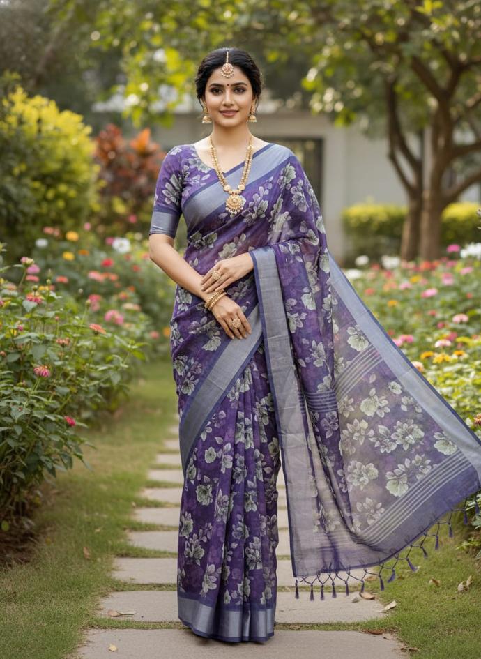 Purple digital floral printed silky cotton saree for pack of 1women