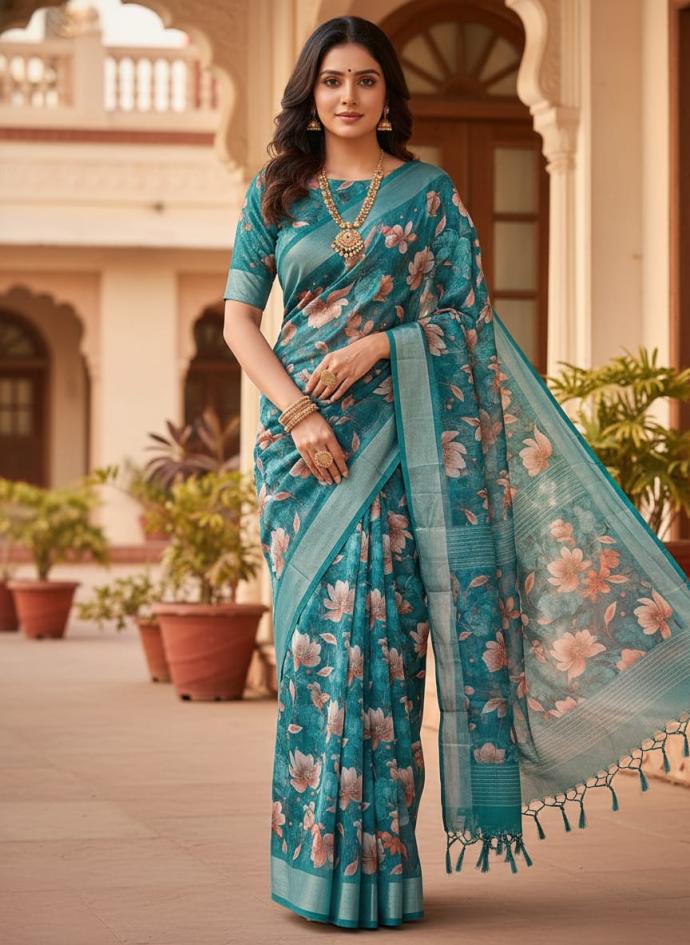 Teal blue digital floral printed georgette silky cotton saree pack of 1