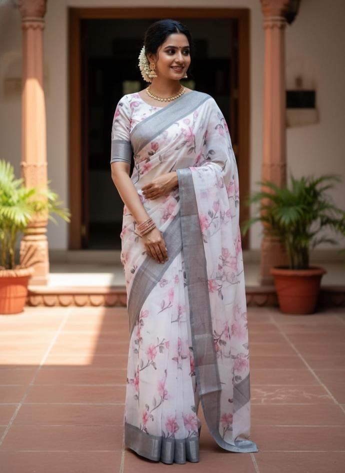 White floral digital printed silky cotton saree with distinct grey border for women  pack of 1