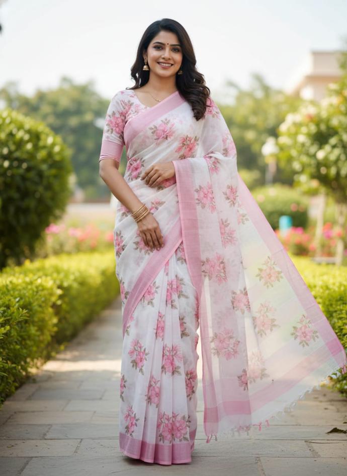 White rose flower digital printed silky cotton saree for women pack of 1