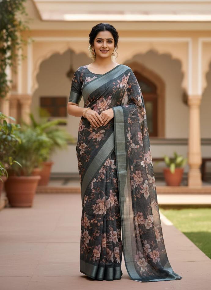 Charcoal grey silky cotton saree with a pastel floral digital print pack of 1