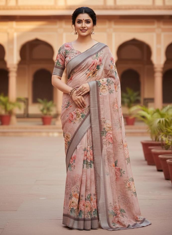 Pink floral digital printed silky cotton saree forvwomen pack of 1