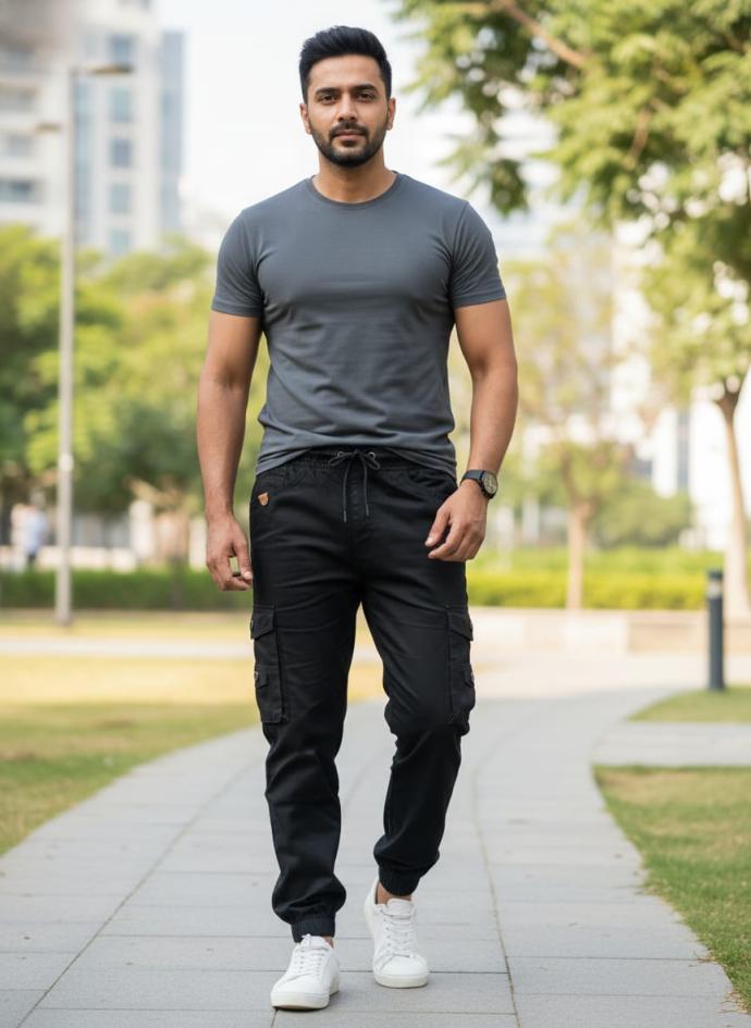 Black colour 6 pockets cotton cargo joggers for boys pack of 1