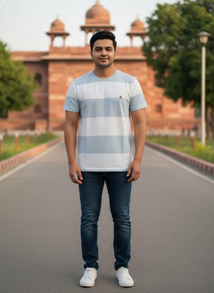 White and blue pure cotton round neck half sleeves t shirt pack of 1