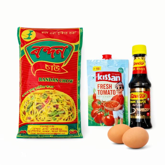 Bandhan Chow Mein 1 Pack with Kissan Tomato Sauce 90 g,apollo soya sauce 200 gm,two eggsCombo pack of 1