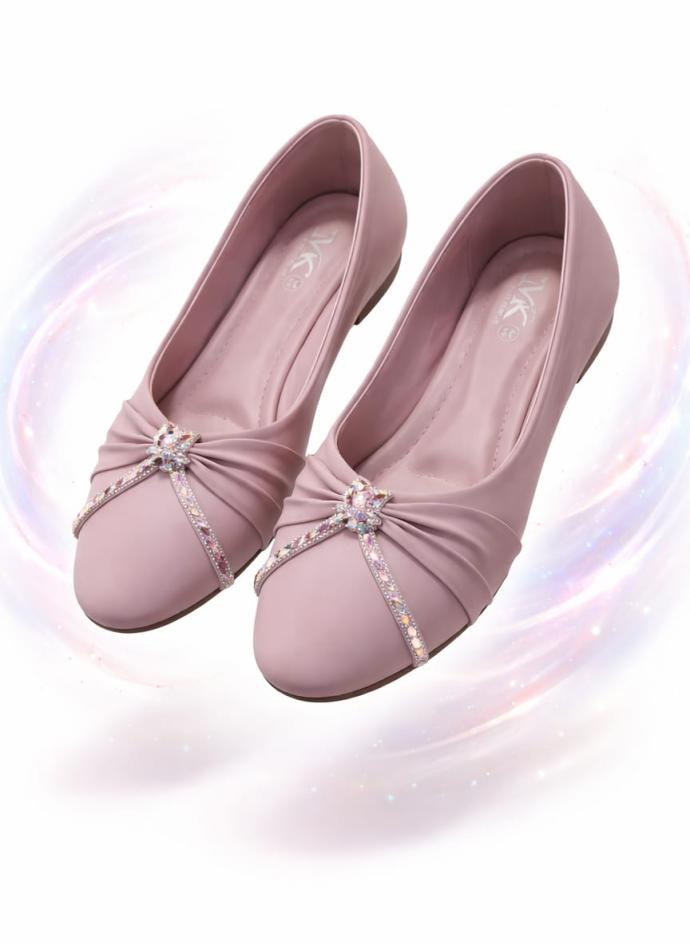 Pink flat belly shoe with a jeweled bow accent for girls and women pair of 1