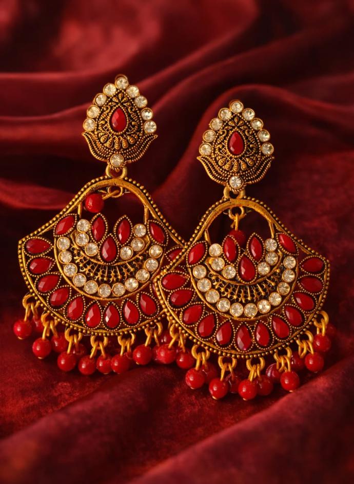 Women gold toned red stone studded  pearl beaded earrings pair of 1