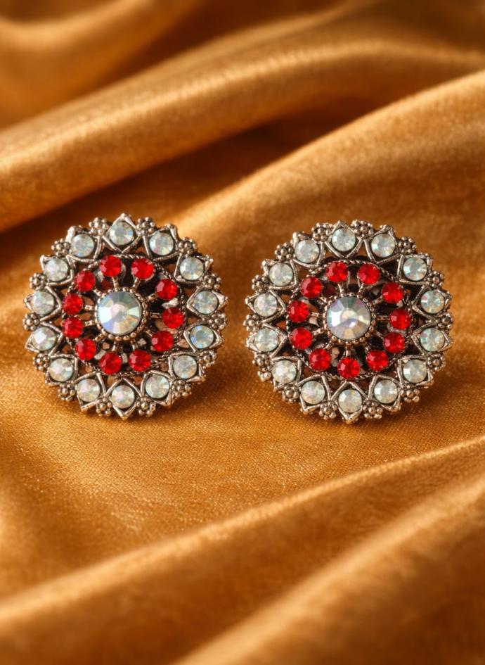 Silver toned stud with red stone circular earring pair of 1