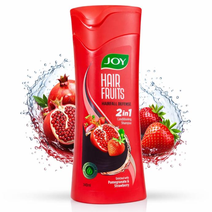 Joy Hair Fruits Hairfall Defense Conditioning Shampoo, Enriched with Pomegranate and Strawberry, ParabenFree, 340ml  AntiHairfall, Deep Moisture, Strengthens Roots, Smooth and Shiny Finish, All Hair Types and Genders