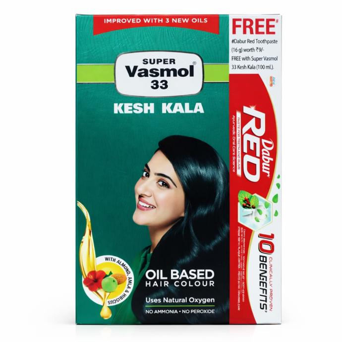 Super Vasmol 33 Kesh Kala 100ml.  with free red dabur toothpaste 16 gm Pack of 1 