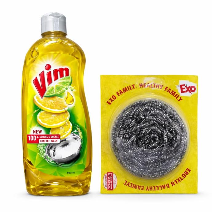 Vim dishwash liquid gel lemon 500 ml bottle with  exo steel scrubber